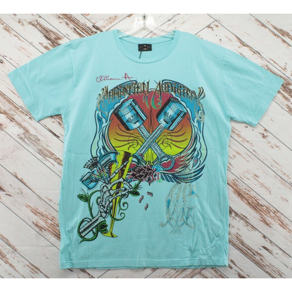 NWT Christian Audigier TShirt Mens 2XL Double Sided Punk Motor Head Rhinestone